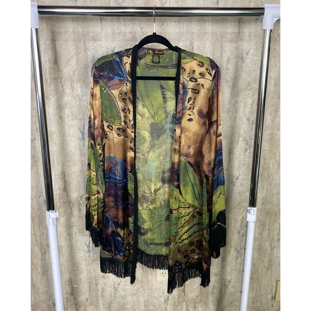 Mirasol Women Sz Large Open Blouse Green Black Satin Sequin Beaded Top Bohemian
